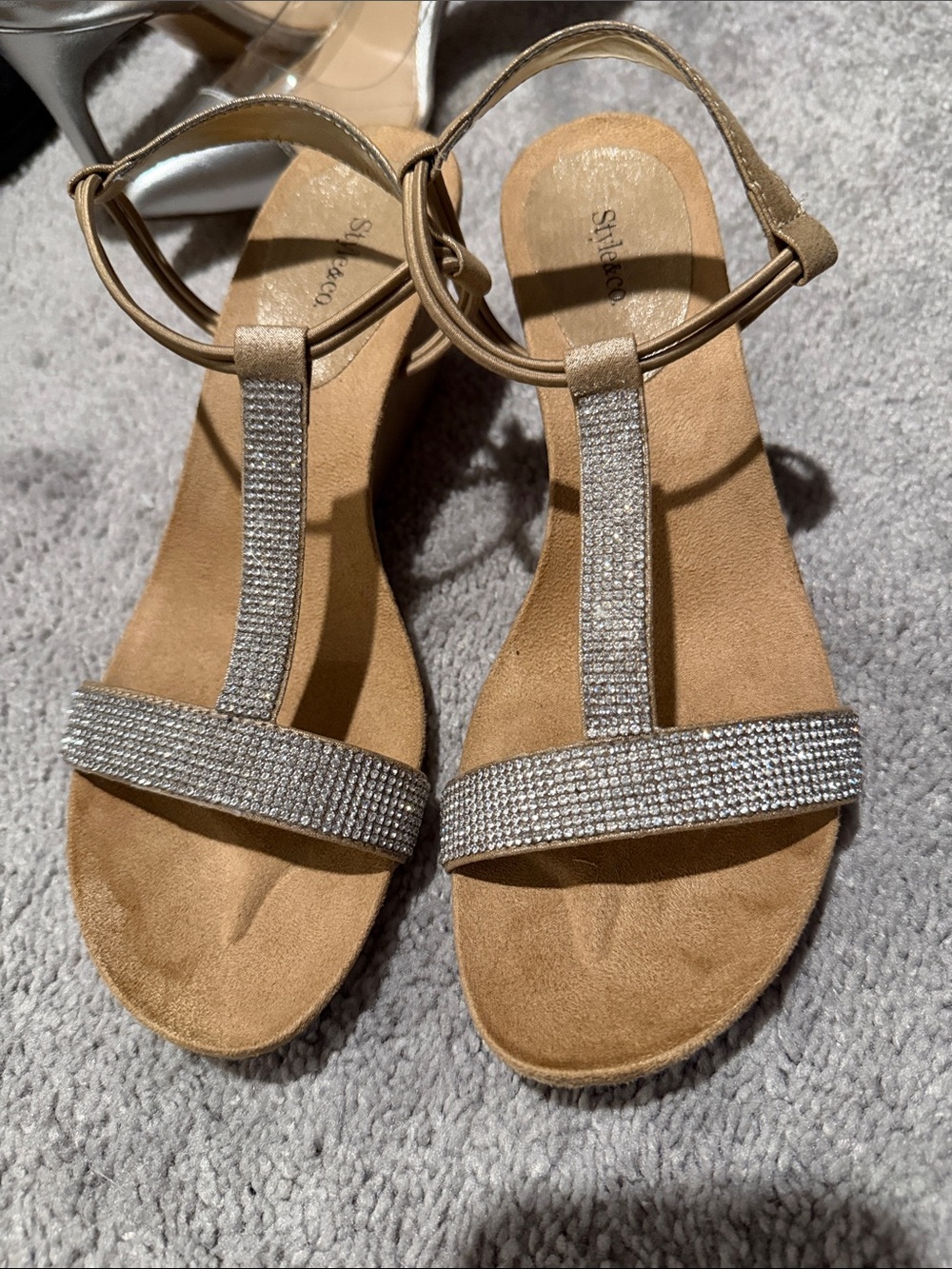 Style & Co. Tan Sandals with Silver Rhinestone T-Strap Detailing